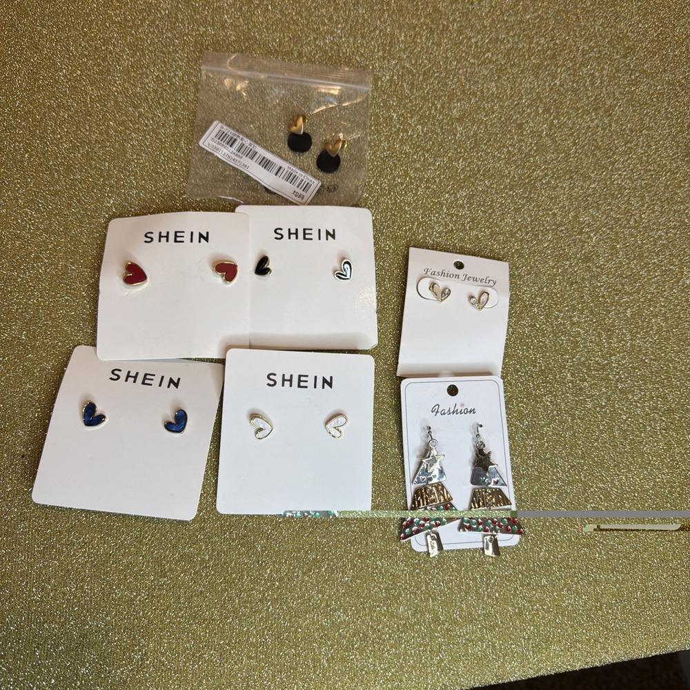Earrings Bundle Heart Shaped And One Set Of Christmas Trees Multi Colored
